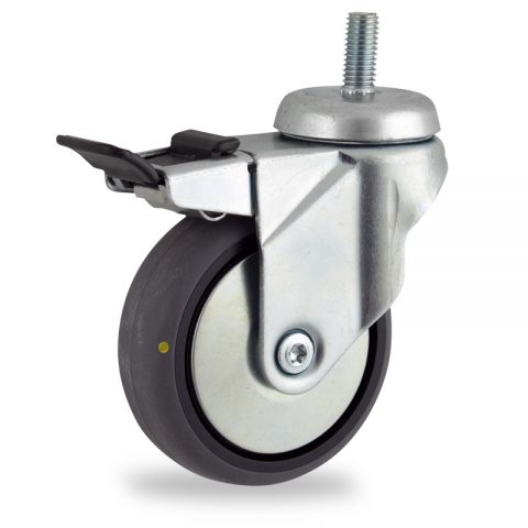 Okretni točak sa kočnicom,125mm za lagana kolica, sa točkom od elektroprovodna termoplastika siva guma osovina kliznog ležaja montaža sa navoj
