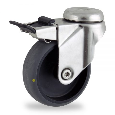 INOX Okretni točak sa kočnicom,75mm za lagana kolica, sa točkom od elektroprovodna termoplastika siva guma osovina kliznog ležaja montaža sa otvor - rupa
