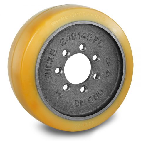 Pogonski točak za električne paletne viljuškare 330X135mm od elastična guma  sa aplikacija - primena prirubnica sa  otvori za 