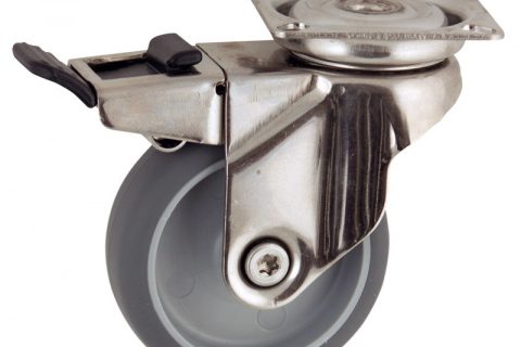 INOX Okretni točak sa kočnicom,100mm za lagana kolica, sa točkom od termoplastika siva neobeležena guma osovina kliznog ležaja montaža sa gornja ploča