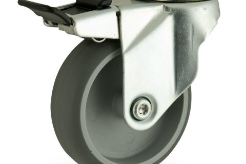 Okretni točak sa kočnicom,125mm za lagana kolica, sa točkom od termoplastika siva neobeležena guma osovina kliznog ležaja montaža sa otvor - rupa