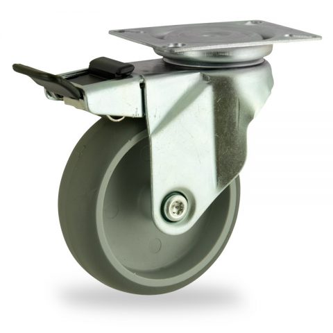 Okretni točak sa kočnicom,100mm za lagana kolica, sa točkom od termoplastika siva neobeležena guma osovina kliznog ležaja montaža sa gornja ploča