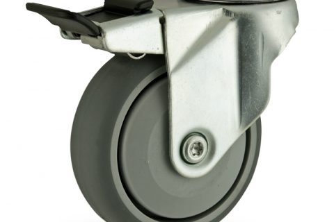 Okretni točak sa kočnicom,125mm za lagana kolica, sa točkom od termoplastika siva neobeležena guma osovina sa jednokugličnim ležajem montaža sa otvor - rupa