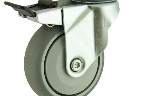 Okretni točak sa kočnicom,125mm za lagana kolica, sa točkom od termoplastika siva neobeležena guma osovina sa jednokugličnim ležajem montaža sa gornja ploča