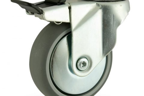 Okretni točak sa kočnicom,75mm za lagana kolica, sa točkom od termoplastika siva neobeležena guma osovina kliznog ležaja montaža sa otvor - rupa