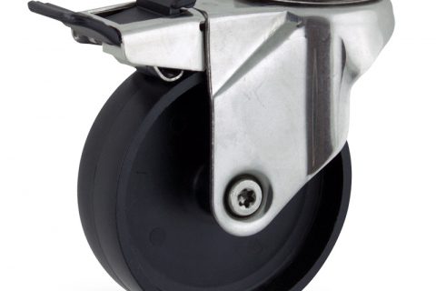 INOX Okretni točak sa kočnicom,125mm za lagana kolica, sa točkom od polipropilen  osovina kliznog ležaja montaža sa otvor - rupa