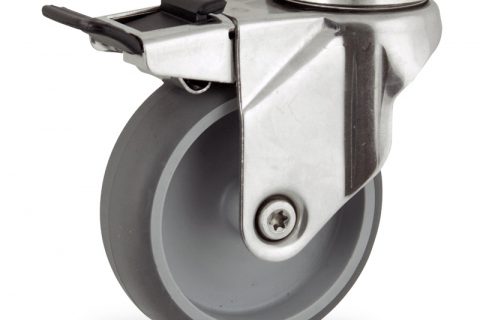 INOX Okretni točak sa kočnicom,100mm za lagana kolica, sa točkom od termoplastika siva neobeležena guma osovina kliznog ležaja montaža sa otvor - rupa
