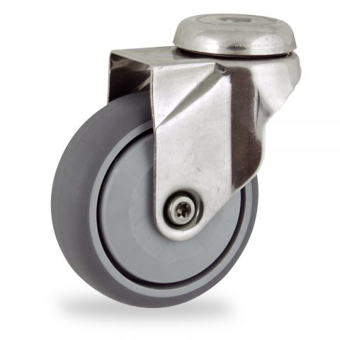INOX Okretni točak,100mm za lagana kolica, sa točkom od termoplastika siva neobeležena guma osovina sa jednokugličnim ležajem montaža sa otvor - rupa