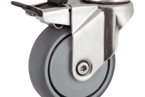 INOX Okretni točak sa kočnicom,100mm za lagana kolica, sa točkom od termoplastika siva neobeležena guma osovina sa jednokugličnim ležajem montaža sa otvor - rupa