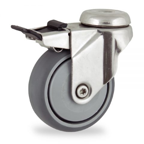 INOX Okretni točak sa kočnicom,75mm za lagana kolica, sa točkom od termoplastika siva neobeležena guma osovina sa jednokugličnim ležajem montaža sa otvor - rupa