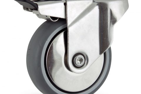 INOX Okretni točak sa kočnicom,150mm za lagana kolica, sa točkom od termoplastika siva neobeležena guma osovina kliznog ležaja montaža sa otvor - rupa
