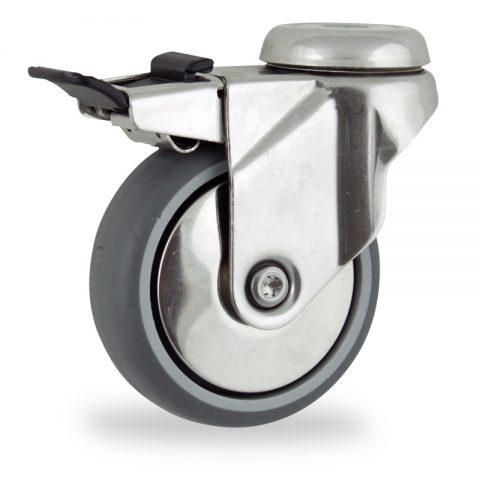 INOX Okretni točak sa kočnicom,125mm za lagana kolica, sa točkom od termoplastika siva neobeležena guma osovina kliznog ležaja montaža sa otvor - rupa