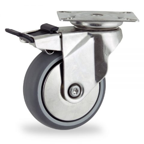 INOX Okretni točak sa kočnicom,100mm za lagana kolica, sa točkom od termoplastika siva neobeležena guma kuglični ležajevimontaža sa gornja ploča