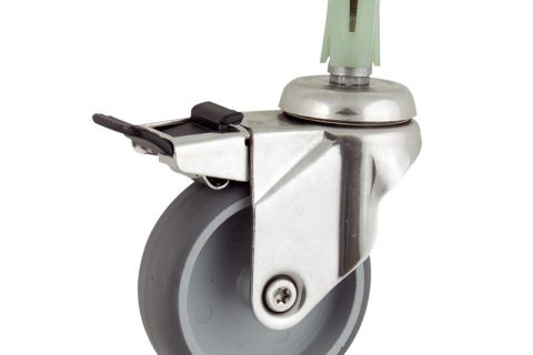 INOX Okretni točak sa kočnicom,100mm za lagana kolica, sa točkom od termoplastika siva neobeležena guma osovina kliznog ležaja montaža sa ekspander
