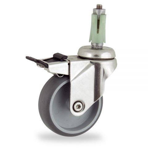 INOX Okretni točak sa kočnicom,150mm za lagana kolica, sa točkom od termoplastika siva neobeležena guma osovina kliznog ležaja montaža sa ekspander