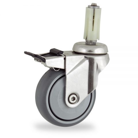 INOX Okretni točak sa kočnicom,125mm za lagana kolica, sa točkom od termoplastika siva neobeležena guma osovina sa jednokugličnim ležajem montaža sa ekspander