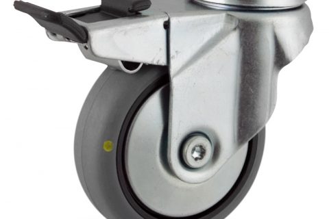 Okretni točak sa kočnicom,100mm za lagana kolica, sa točkom od elektroprovodna termoplastika siva guma kuglični ležajevimontaža sa otvor - rupa