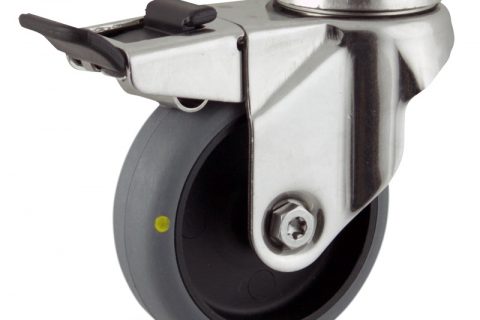 INOX Okretni točak sa kočnicom,75mm za lagana kolica, sa točkom od elektroprovodna termoplastika siva guma kuglični ležajevimontaža sa otvor - rupa
