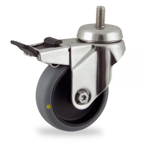 INOX Okretni točak sa kočnicom,50mm za lagana kolica, sa točkom od elektroprovodna termoplastika siva guma kuglični ležajevimontaža sa navoj