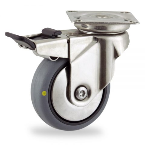 INOX Okretni točak sa kočnicom,50mm za lagana kolica, sa točkom od elektroprovodna termoplastika siva guma kuglični ležajevimontaža sa gornja ploča