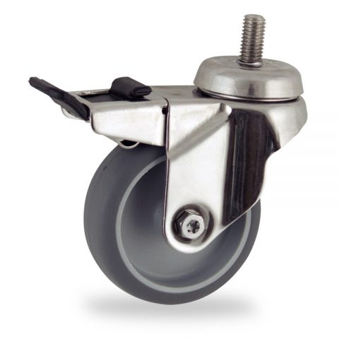 INOX Okretni točak sa kočnicom,100mm za lagana kolica, sa točkom od termoplastika siva neobeležena guma kuglični ležajevimontaža sa navoj