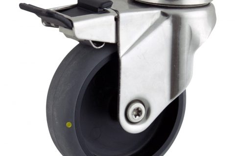 INOX Okretni točak sa kočnicom,75mm za lagana kolica, sa točkom od elektroprovodna termoplastika siva guma osovina kliznog ležaja montaža sa otvor - rupa