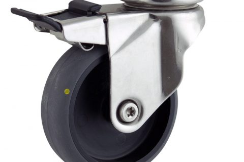 INOX Okretni točak sa kočnicom,125mm za lagana kolica, sa točkom od elektroprovodna termoplastika siva guma osovina kliznog ležaja montaža sa gornja ploča