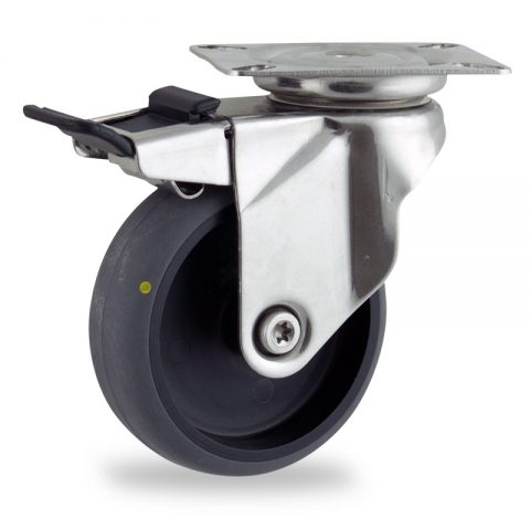 INOX Okretni točak sa kočnicom,125mm za lagana kolica, sa točkom od elektroprovodna termoplastika siva guma osovina kliznog ležaja montaža sa gornja ploča