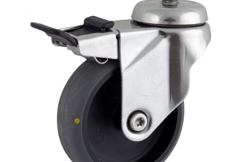 INOX Okretni točak sa kočnicom,125mm za lagana kolica, sa točkom od elektroprovodna termoplastika siva guma osovina kliznog ležaja montaža sa navoj