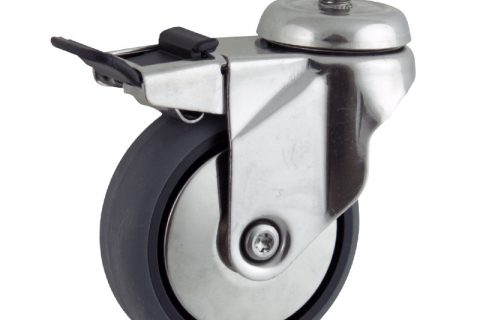 INOX Okretni točak sa kočnicom,100mm za lagana kolica, sa točkom od elektroprovodna termoplastika siva guma kuglični ležajevimontaža sa navoj