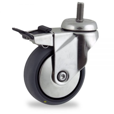 INOX Okretni točak sa kočnicom,125mm za lagana kolica, sa točkom od elektroprovodna termoplastika siva guma kuglični ležajevimontaža sa navoj
