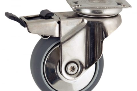 INOX Okretni točak sa kočnicom,50mm za lagana kolica, sa točkom od termoplastika siva neobeležena guma osovina kliznog ležaja montaža sa gornja ploča