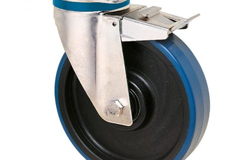 INOX točak sa kočnicom za kolica  200mm sa poliuretan, felna od poliamid i Inox valjkasti ležaj.Montaža sa gornja ploča