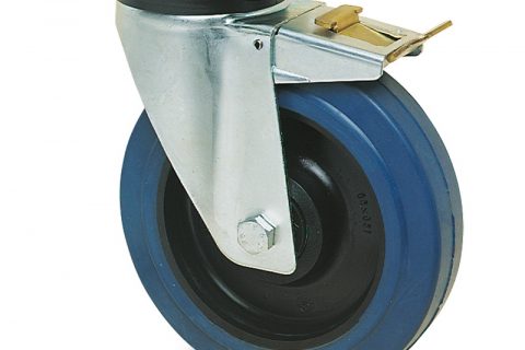 Točak sa kočnicom za kolica  200mm sa elastična guma za čiste podloge, felna od poliamid i valjkasti ležaj.Montaža sa gornja ploča