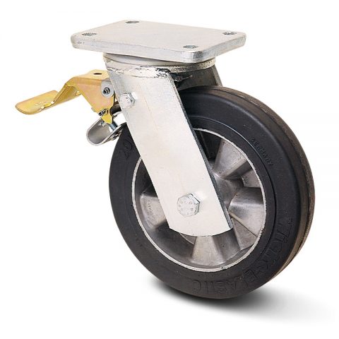 Točak sa kočnicom za teške uslove  180mm sa Elastična crna guma , felna od aluminijum i kuglični ležajevi.Montaža sa gornja ploča
