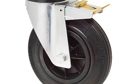 Točak sa kočnicom za kolica 200mm sa crna guma, felna od poliamid i valjkasti ležaj.Montaža sa gornja ploča