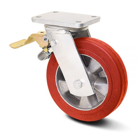 Točak sa kočnicom za teške uslove  100mm sa elastični poliuretan, felna od aluminijum i kuglični ležajevi.Montaža sa gornja ploča