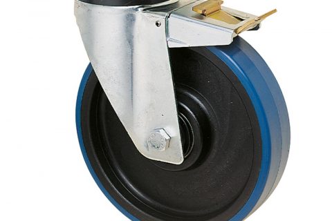 Točak sa kočnicom za kolica  100mm sa poliuretan, felna od poliamid i kuglični ležajevi.Montaža sa gornja ploča