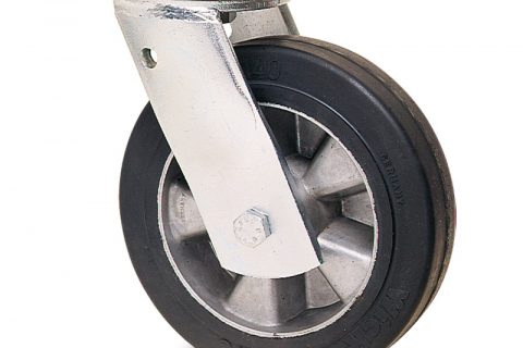 Okretni točak za teške uslove  230mm sa Elastična crna guma , felna od aluminijum i kuglični ležajevi.Montaža sa gornja ploča
